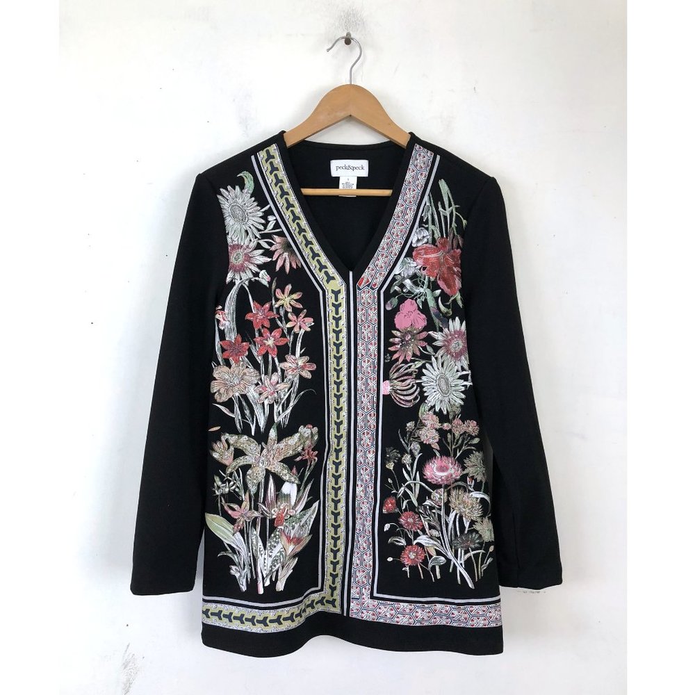 Peck & Peck Floral Embellish Black Tunic Top Small Black Silver Pink Small